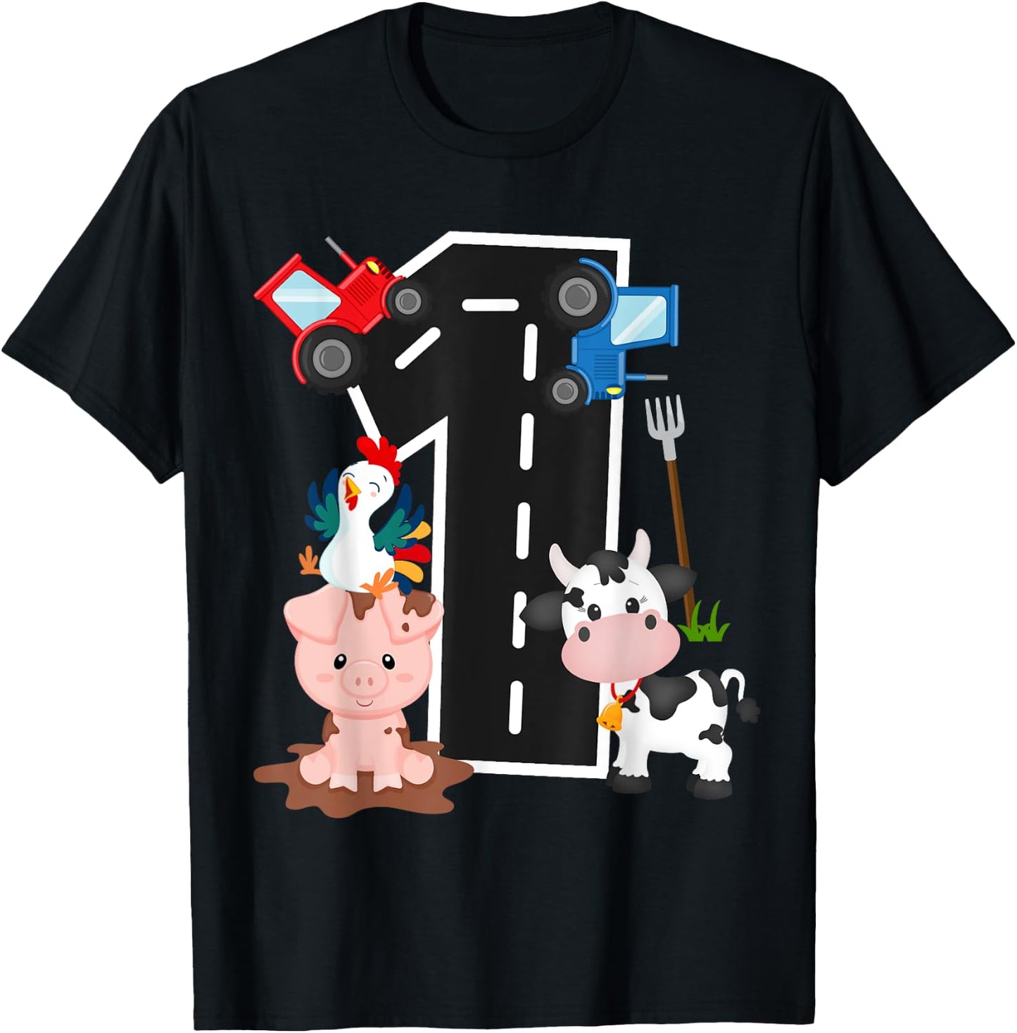 Tractor Farm Animals Number 1 1st Birthday Farm Barnyard T-Shirt - T-Shirt | Black