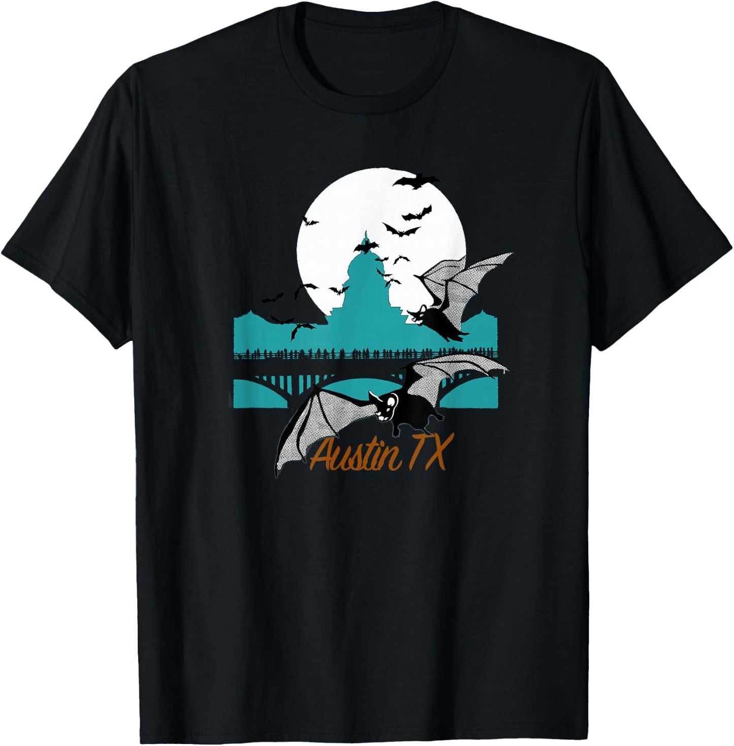 Austin TX Bats Over Congress Bridge With Capitol Building T-Shirt - T-Shirt | Black