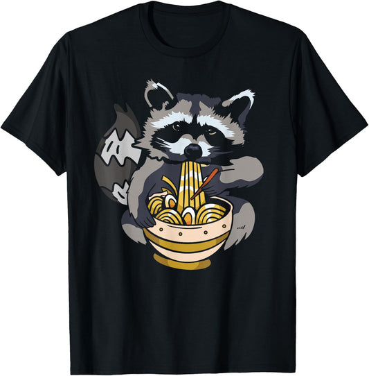 InGENIUS Raccoon Lover Shirts & Gifts -Adult Raccoon Eating Ramen Funny Trash Panda Meme Japanese Noodle - Black, Small, Short Sleeve T-Shirt - T-Shirt | Black