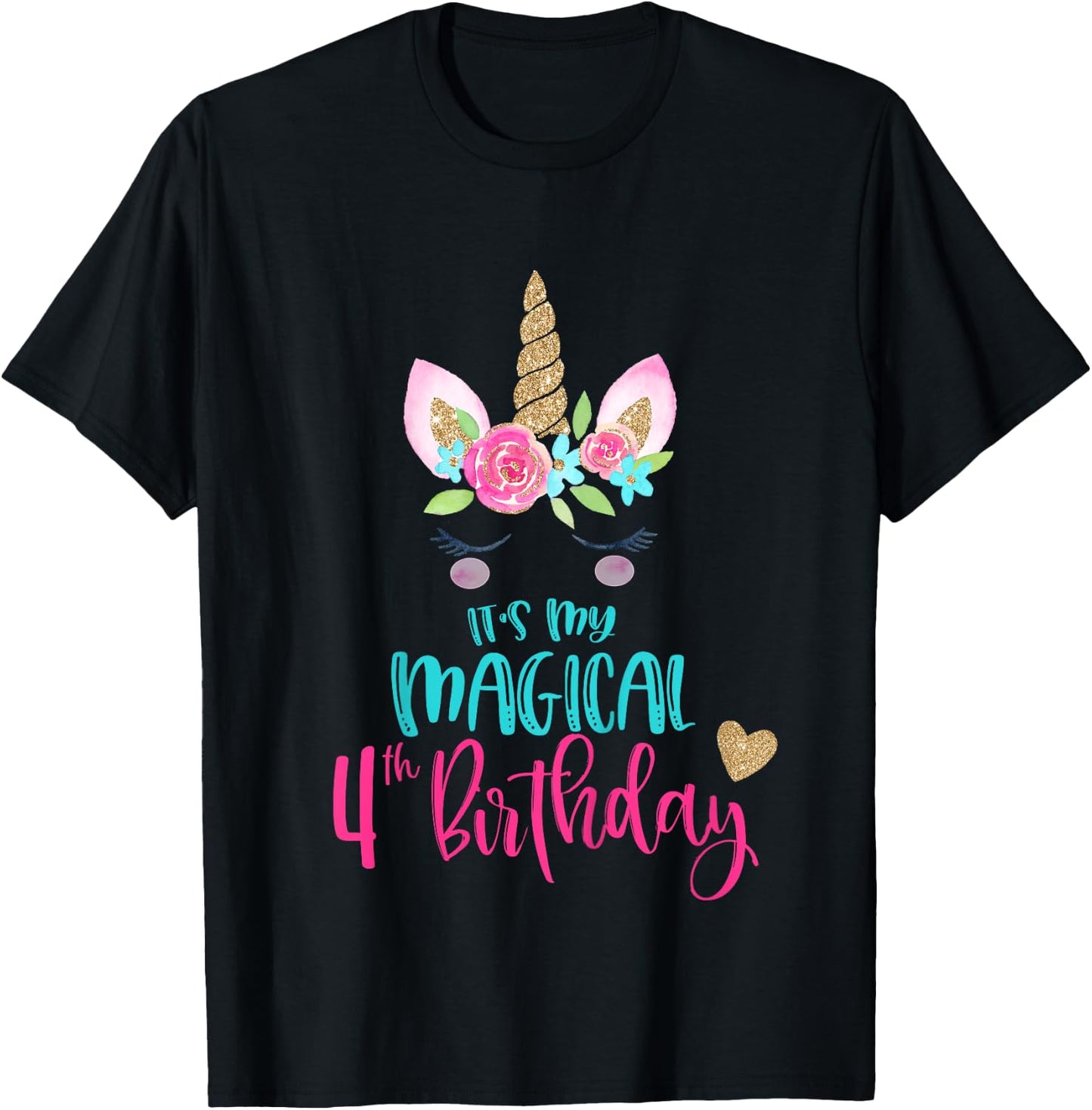 Kids Unicorn 4th Birthday Party Girls 4 Years Old T-Shirt - T-Shirt | Black