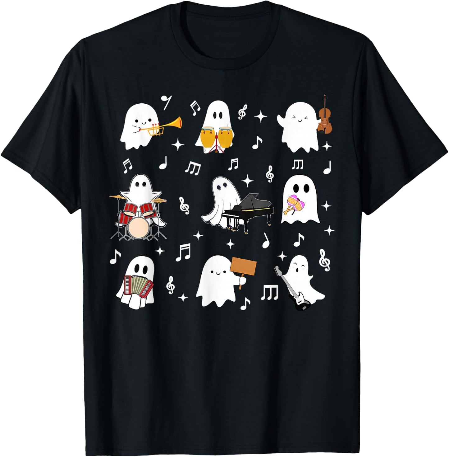 Halloween Music Teacher Ghost Playing Musical Instruments T-Shirt - T-Shirt | Black