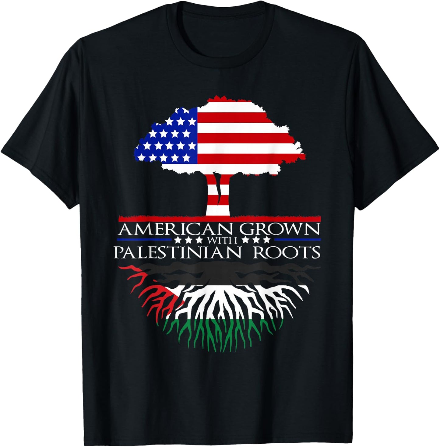 Palestinian Roots American Grown Tree Flag USA Palestine T-Shirt - T-Shirt | Black