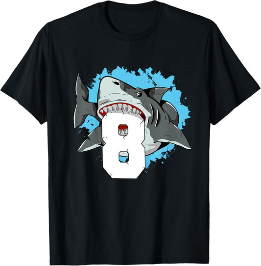 Kids Shark 8th Birthday Boy 8 Eight Shark Theme Party T-Shirt - T-Shirt | Black