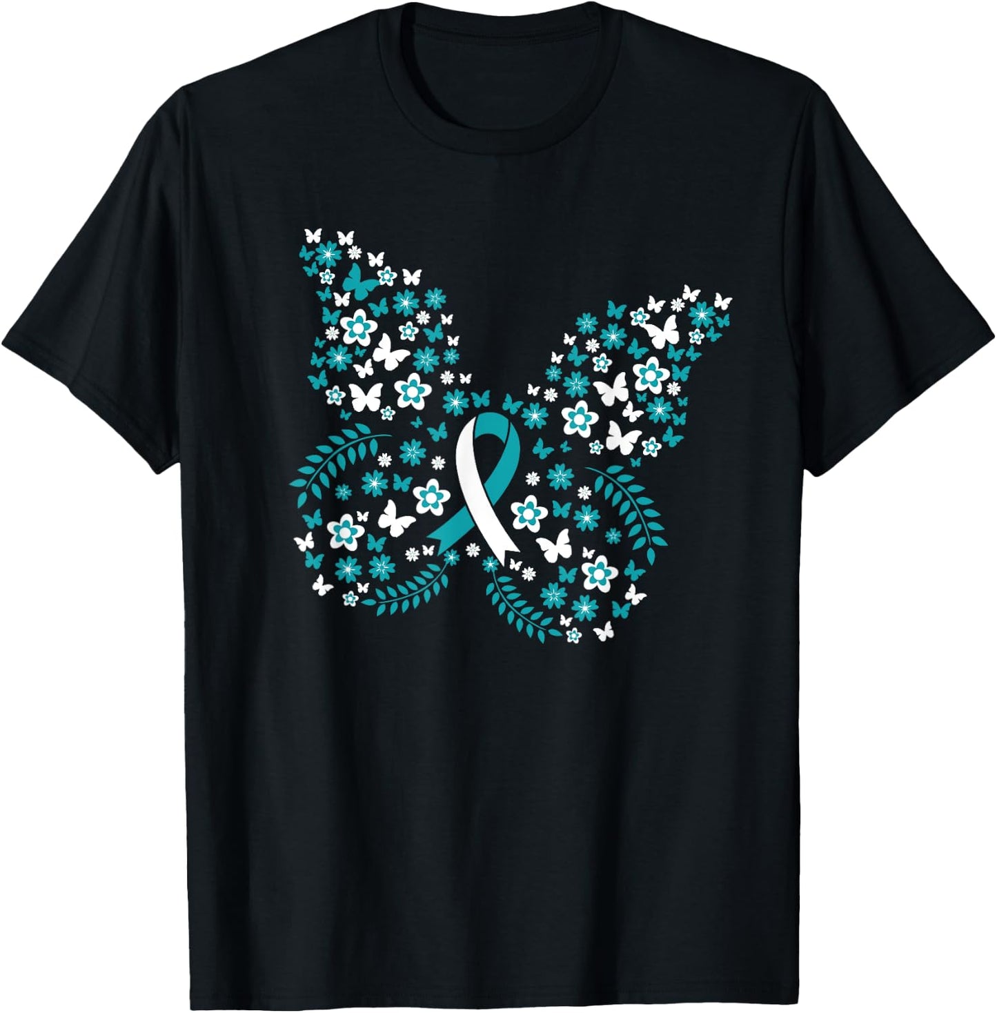 Flower Butterfly Cervical Cancer Awareness Ribbon Gifts T-Shirt - T-Shirt | Black