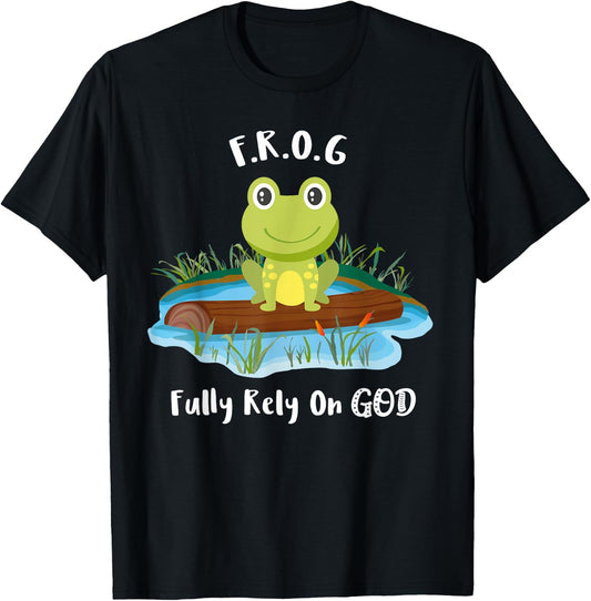 Fully Rely On God acronym F.R.O.G Cute Frog Pond Log T-Shirt - T-Shirt | Black