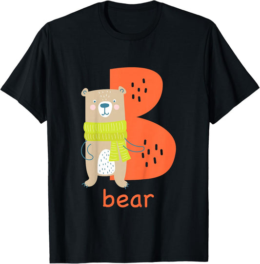 Kids Bear Letter B Alphabet Cute Animal Boys Or Girls T-Shirt - T-Shirt | Black
