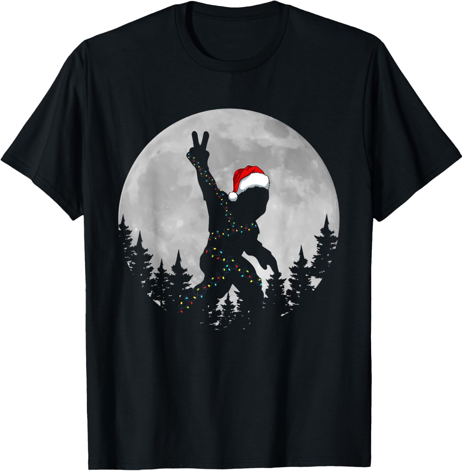 Bigfoot Santa Christmas Tree Lights Funny Xmas Sasquatch T-Shirt - T-Shirt | Black