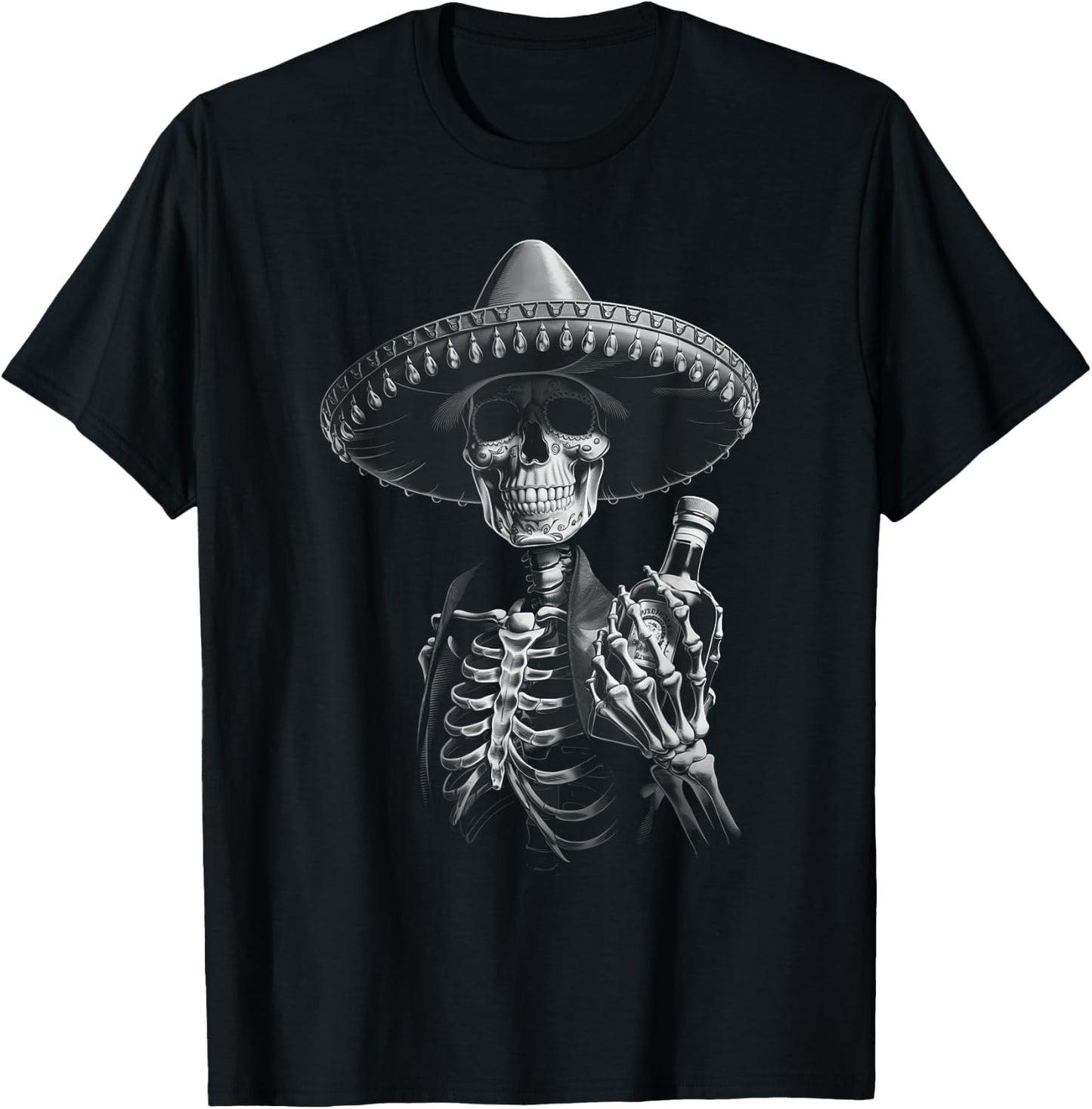 Vintage Mariachi Skeleton Charro Mexican Tequila Party T-Shirt - T-Shirt | Black