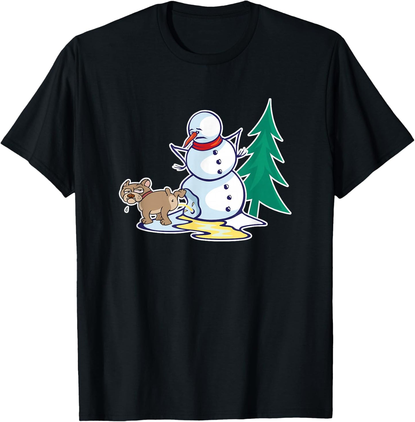 Funny Christmas Dog Peeing on Snowman Winter T-Shirt - T-Shirt | Black