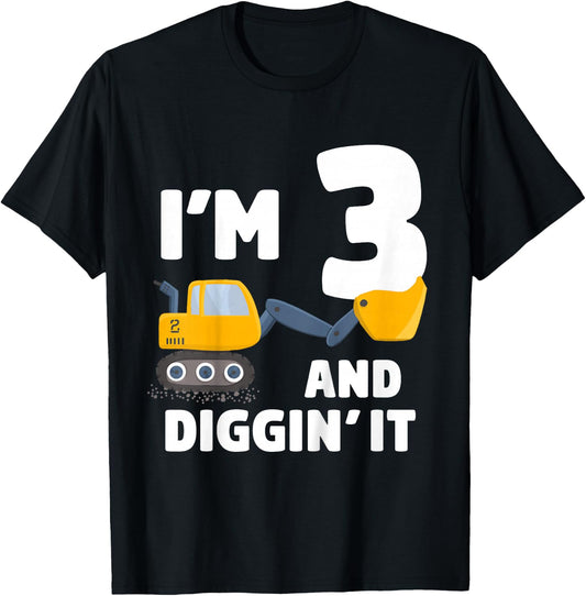 Kids Construction Truck 3rd Birthday Boy Excavator 3 Digger T-Shirt - T-Shirt | Black