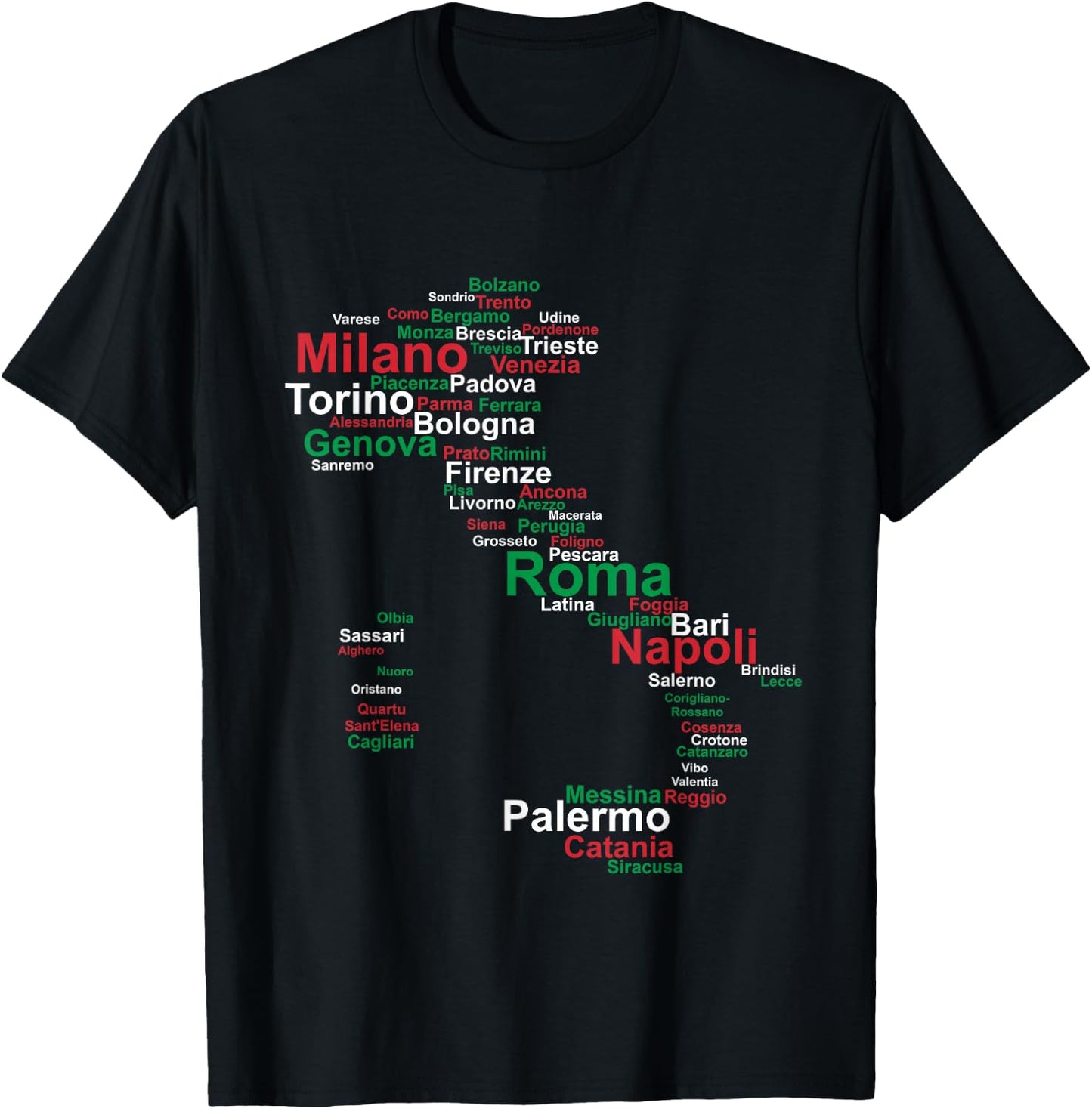 Italy Map Silhouette Flag Towns Cities Rome Travel Europe T-Shirt - T-Shirt | Black