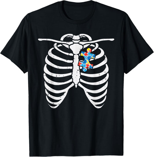 Autism Awareness Puzzle Skeleton X-Ray Halloween Costume Kid T-Shirt - T-Shirt | Black