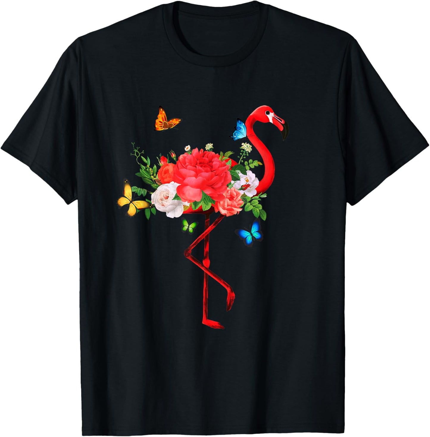 Flamingo Flowers Butterflies Summer Flamingos T-Shirt - T-Shirt | Black