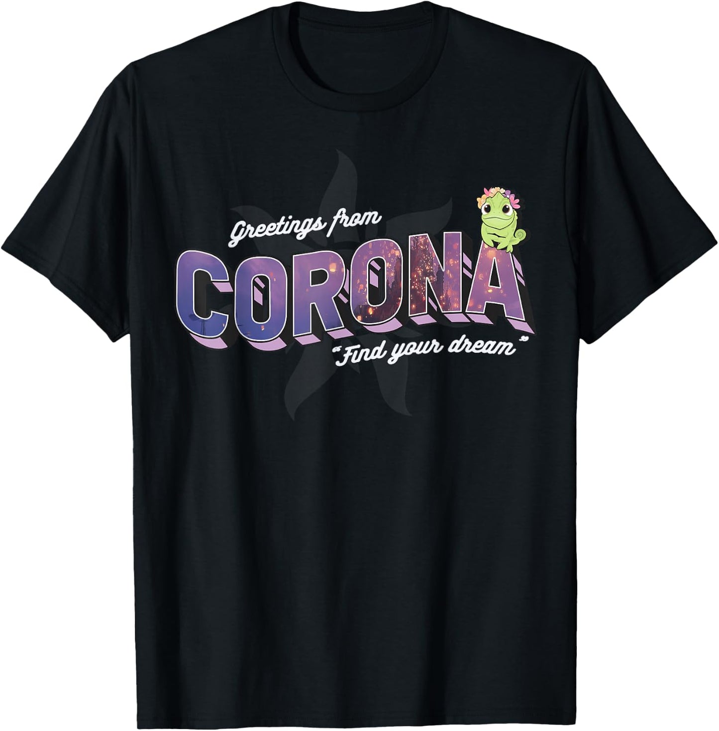 Disney Tangled Pascal Greetings From Corona Logo T-Shirt - T-Shirt | Black