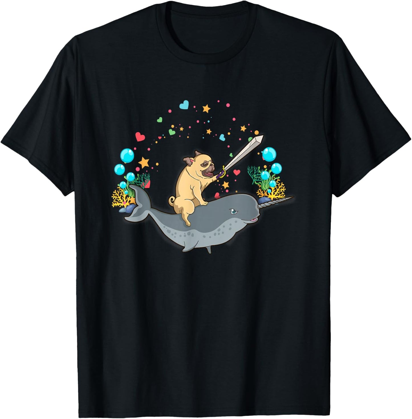 Warrior pug rides a narwhal - Cute and funny T-Shirt - T-Shirt | Black