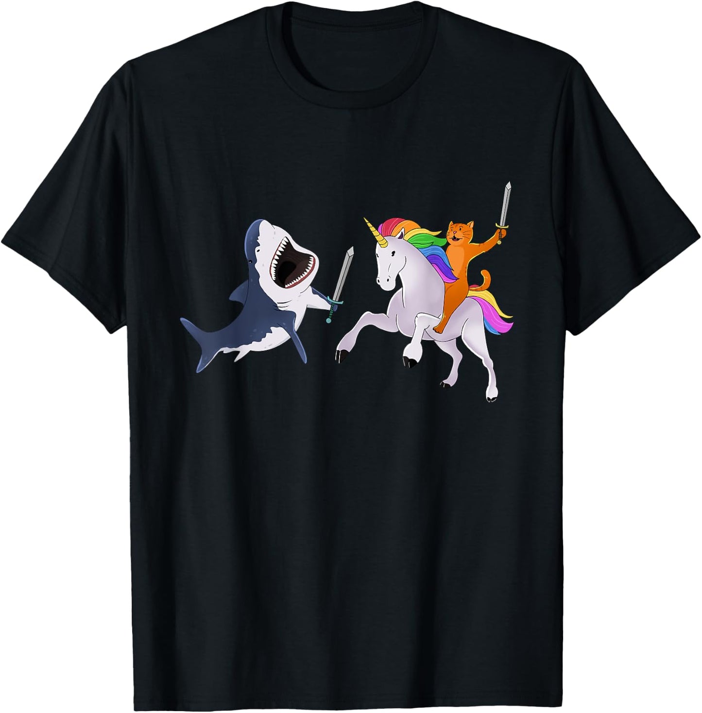 Funny Cat Riding Magical Unicorn Sword Fighting Shark T-Shirt - T-Shirt | Black