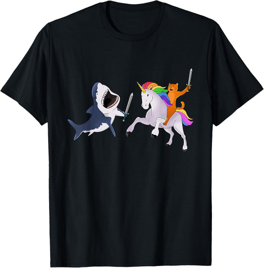 Funny Cat Riding Magical Unicorn Sword Fighting Shark T-Shirt - T-Shirt | Black