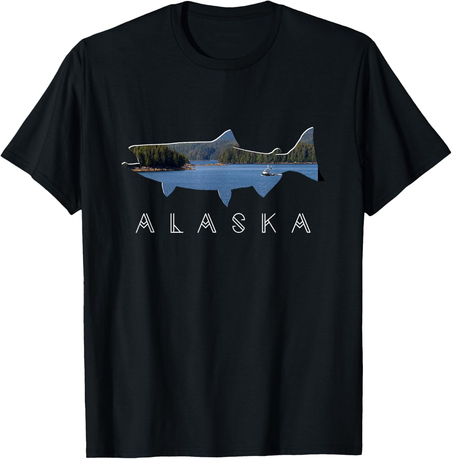 Alaskan King Salmon with Fishing Boat Saltwater Fishermen T-Shirt - T-Shirt | Black