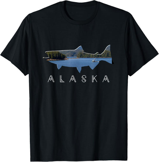 Alaskan King Salmon with Fishing Boat Saltwater Fishermen T-Shirt - T-Shirt | Black