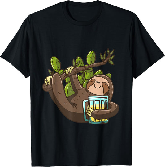 Smiling Sloth Beer Cactus Funny Lazy Animal Sloth Lover Gift T-Shirt - T-Shirt | Black