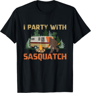 I Party With Sasquatch Bigfoot Camping Vintage Funny Camper T-Shirt - T-Shirt | Black