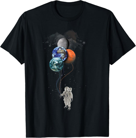 Astronaut Holding Planet Balloons Shirt - Psychedelic T-Shirt - T-Shirt | Black