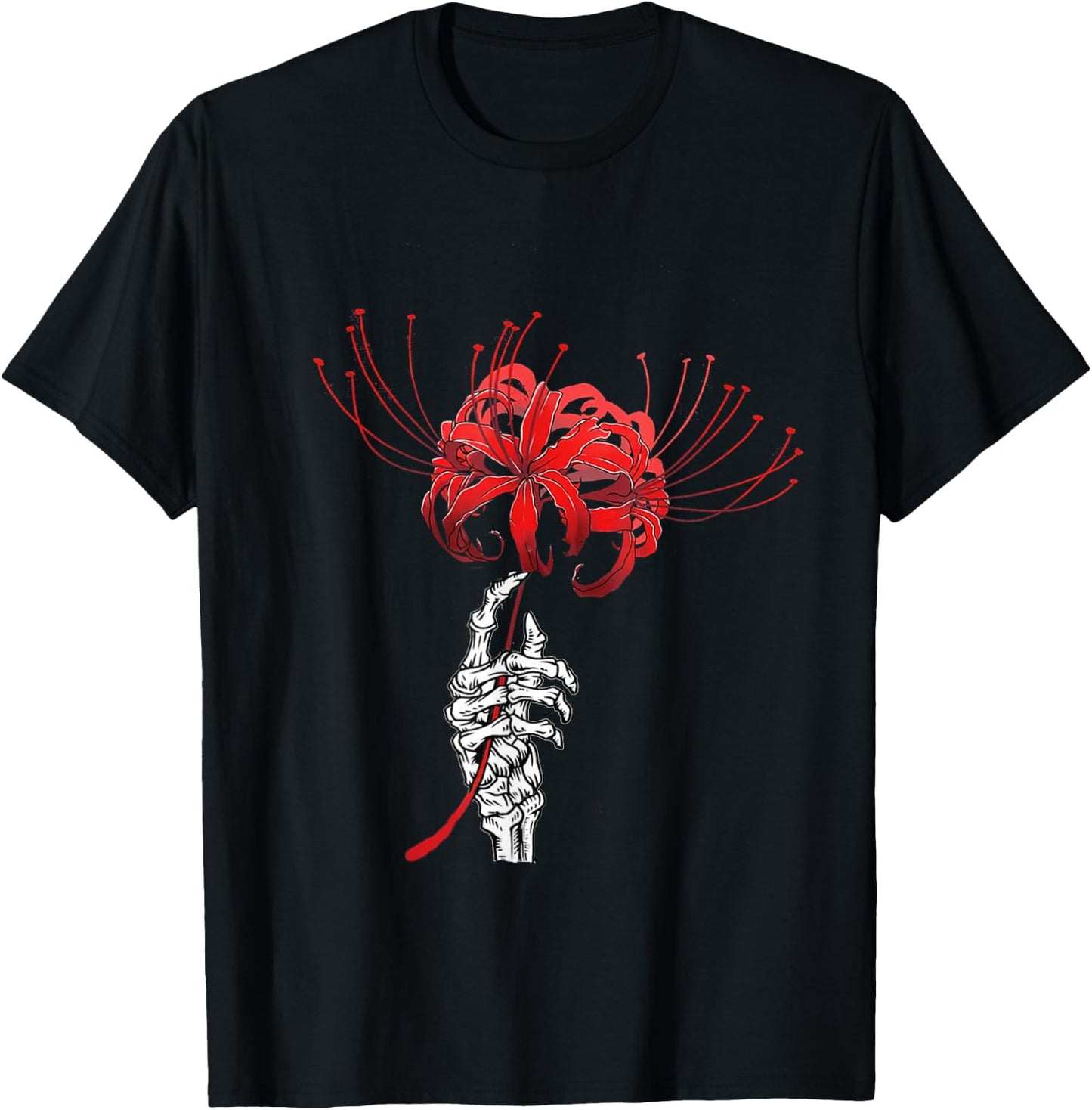 Skeleton Hand Holding Red Spider Lily Aesthetic Red Flower T-Shirt - T-Shirt | Black