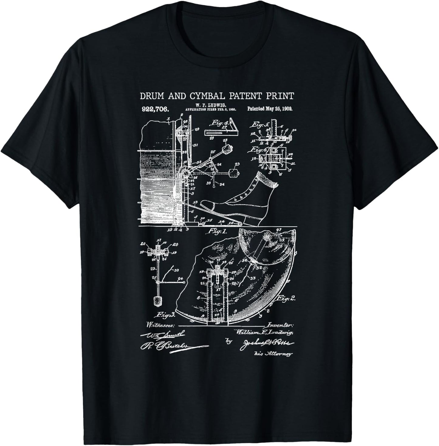 Drum And Cymbal Patent Print 1909 - Vintage Patent Music Art T-Shirt - T-Shirt | Black