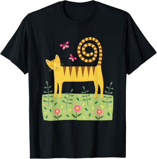 Cat in the Garden with Butterflies Men Women Kids T-Shirt - T-Shirt | Black