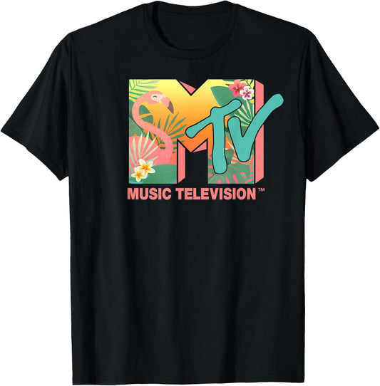 MTV Flamingo Tropical Paradise Colorful Logo Graphic T-Shirt - T-Shirt | Black