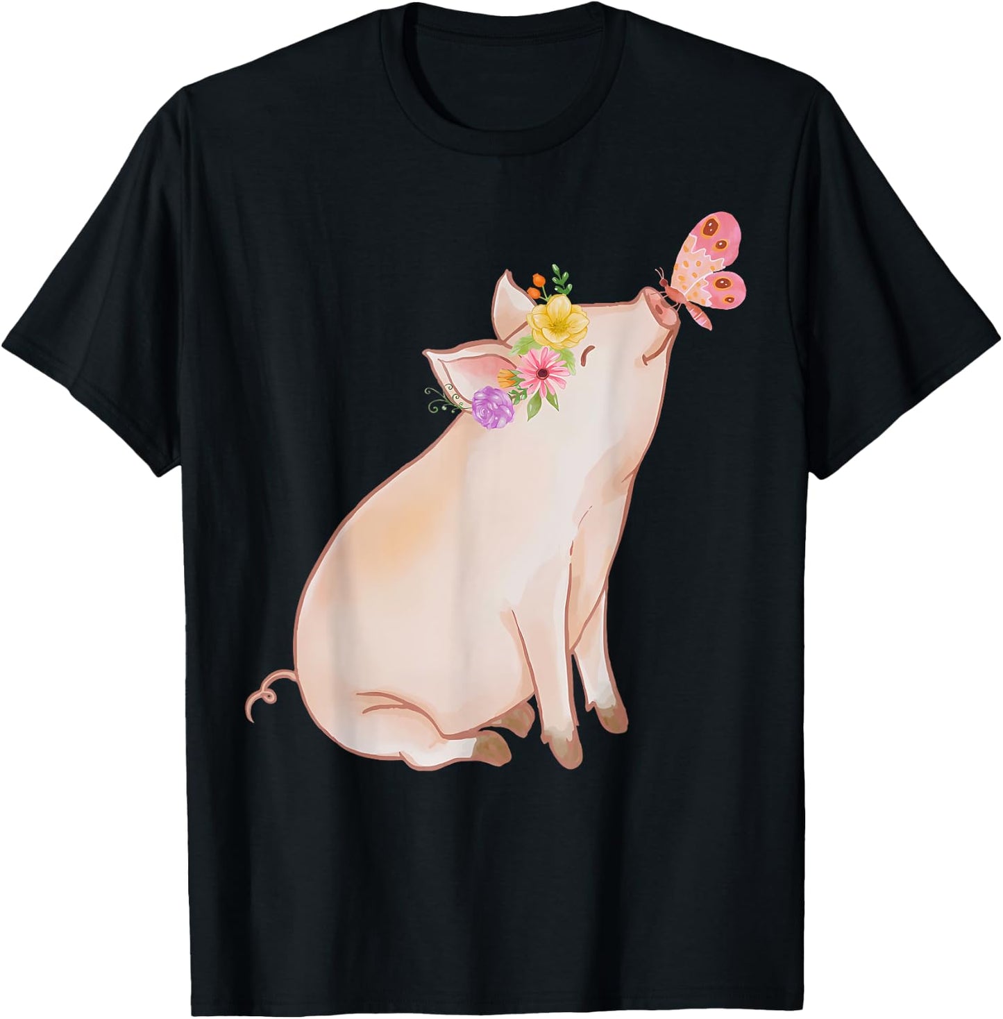 Watercolor Pink Pig With Floral And Butterfly Farm Design T-Shirt - T-Shirt | Black