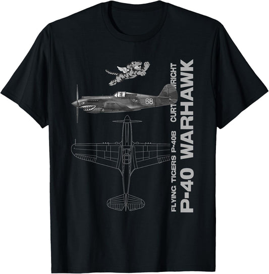 P-40 Warhawk WWII Fighter Airplane Profile T-Shirt - T-Shirt | Black