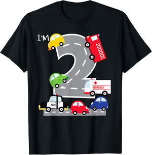 2nd Birthday 2 Year Old Transportation Cars Fire Truck T-Shirt - T-Shirt | Black