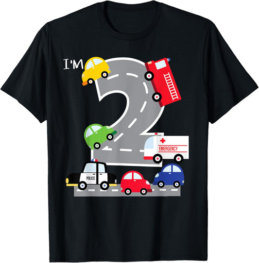 2nd Birthday 2 Year Old Transportation Cars Fire Truck T-Shirt - T-Shirt | Black