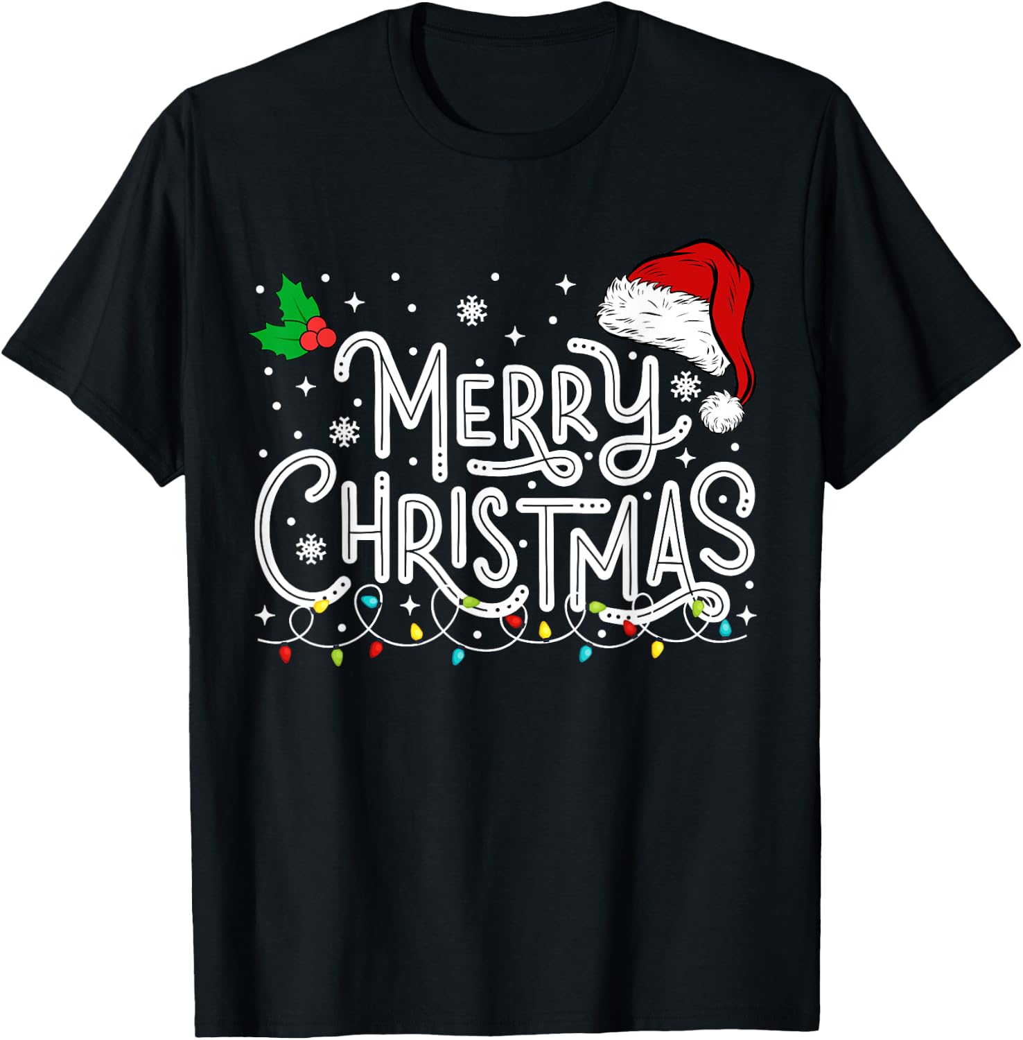 Merry Christmas Lights Red Santa Hat Xmas Family Men Women T-Shirt - T-Shirt | Black