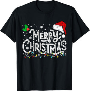 Merry Christmas Lights Red Santa Hat Xmas Family Men Women T-Shirt - T-Shirt | Black