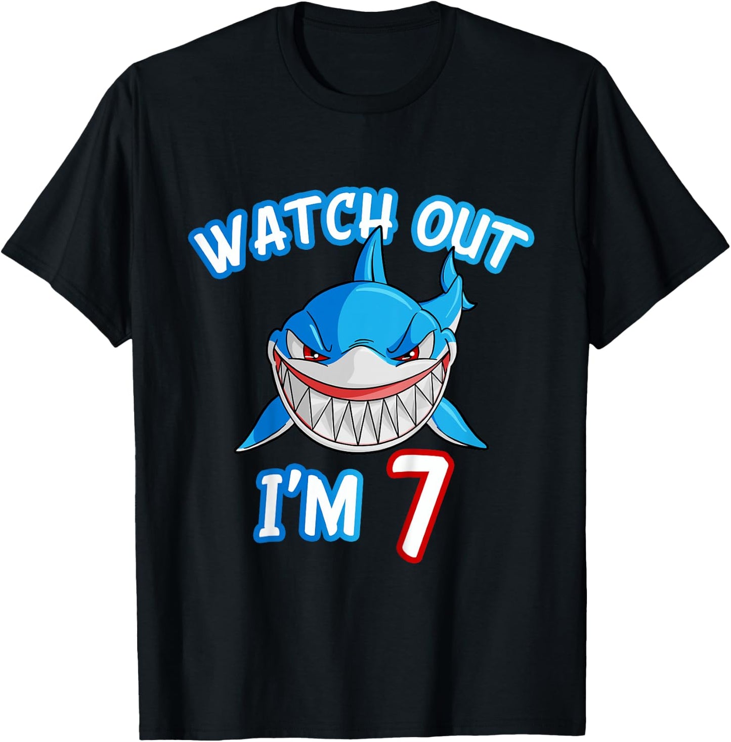 Kids 7 Yrs old Boy Watch Out Shark SHIRT 7th Birthday T-Shirt - T-Shirt | Black