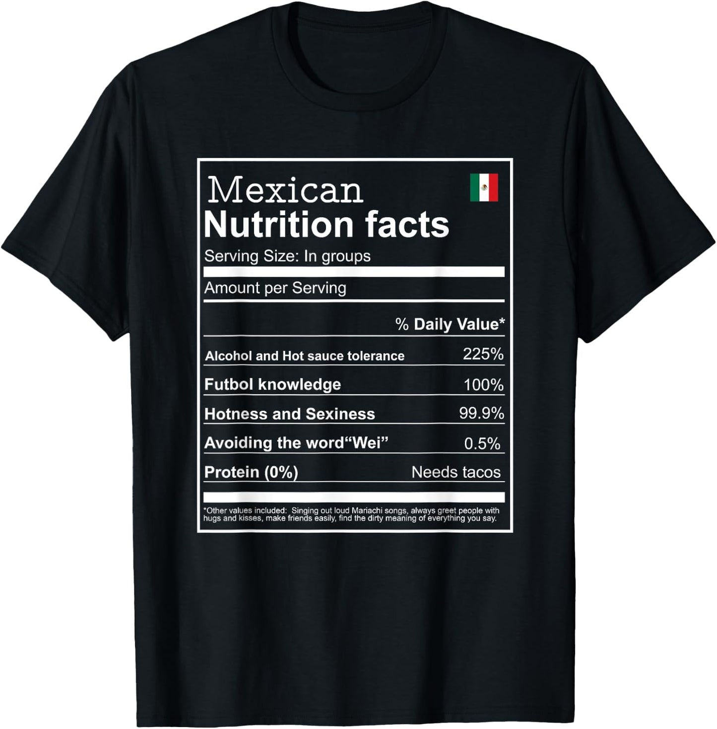 Mexican mexicano Nutrition Facts Men women Funny cool T-Shirt - T-Shirt | Black