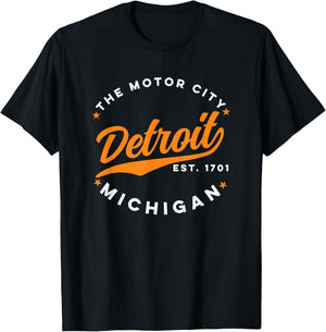 Vintage Detroit Motor City Michigan Orange Text T-Shirt - T-Shirt | Black