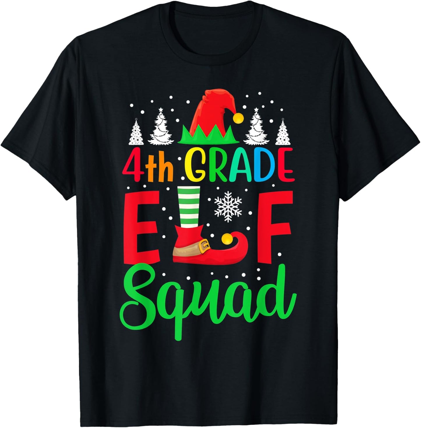 Christmas 4th Grade Pajama Kids Teacher 4th Grade ELF Squad T-Shirt - T-Shirt | Black