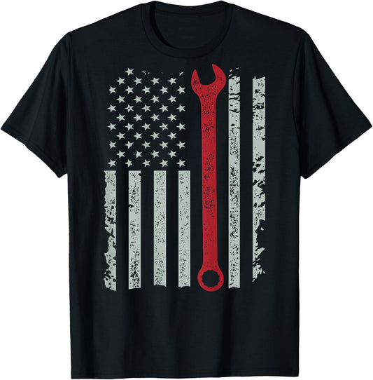 American flag mechanic wrench shirt patriotic design T-Shirt - T-Shirt | Black