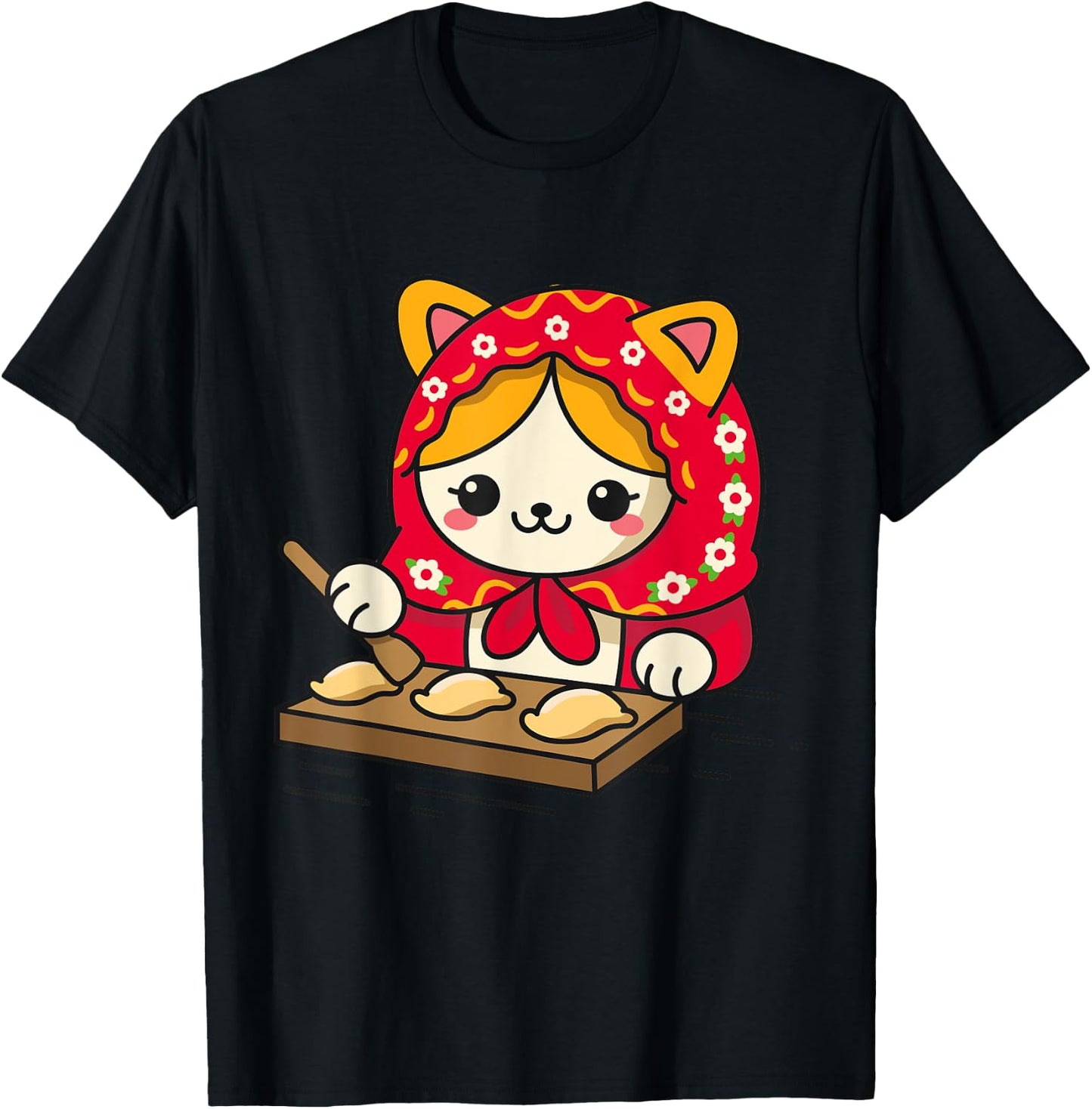 Cute Cat Wearing Head Scarf Making Pierogi Polish Men Women Kids T-Shirt - T-Shirt | Black