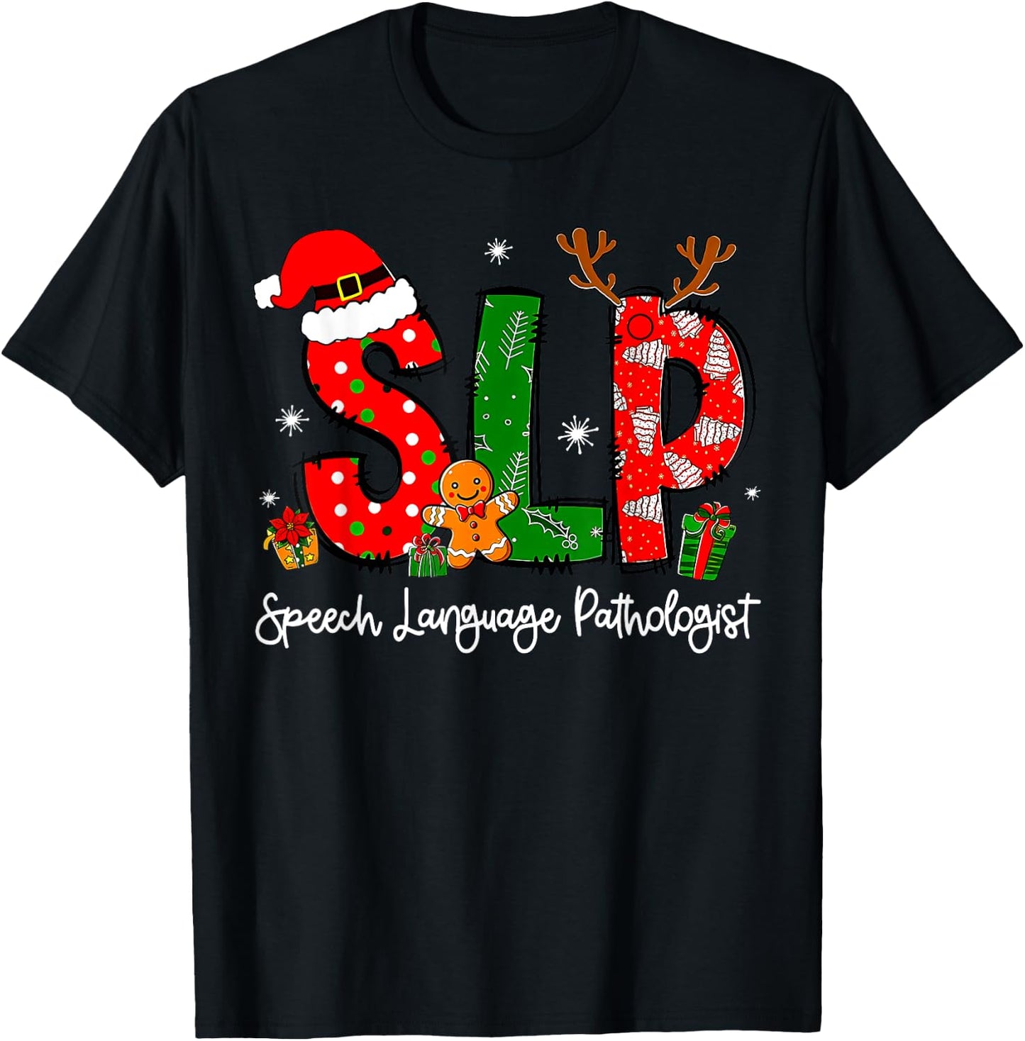 Speech Language Pathologist Reindeer Santa Hat SLP Christmas T-Shirt - T-Shirt | Black