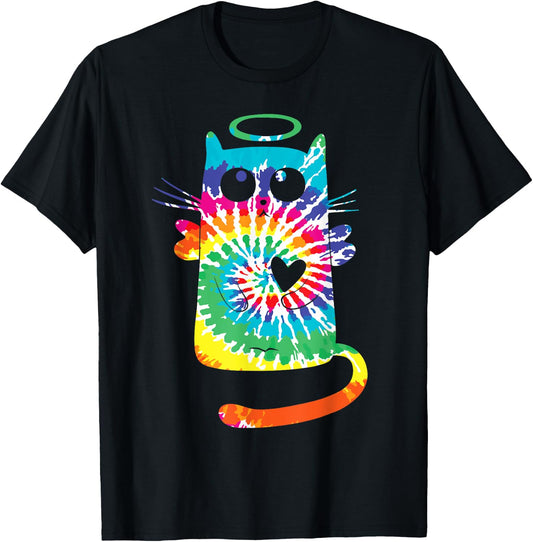 Fun Cat Hippie Rainbow Tie Dye Angel Cat with Heart and Halo Women Kids T-Shirt - T-Shirt | Black