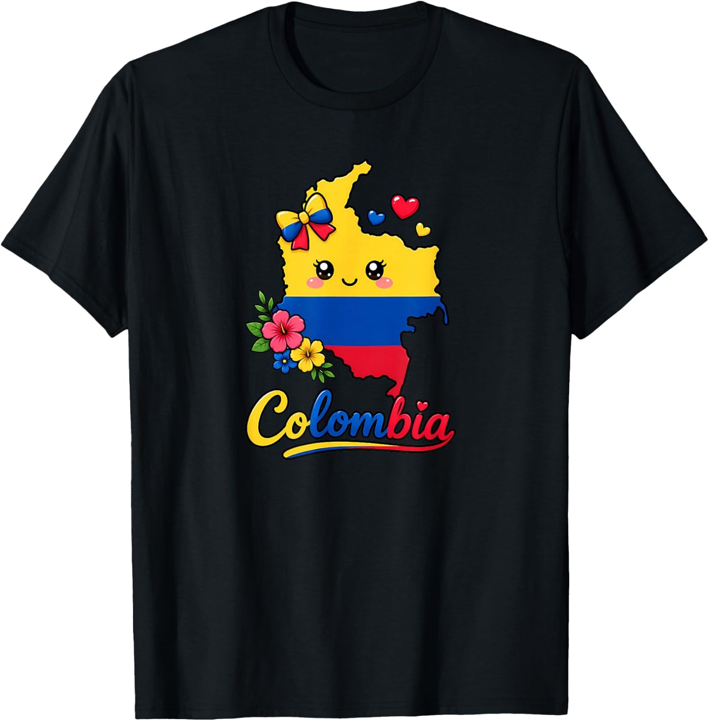 Colombia Flag Day Kawaii Map Hearts Bow T-Shirt - T-Shirt | Black