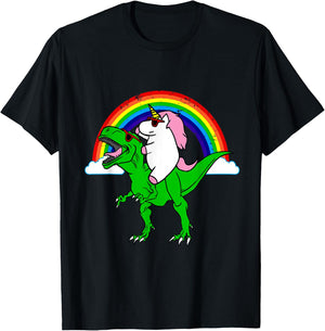 Funny Unicorn Riding Dinosaur Shirt T-Rex Rainbow Gift T-Shirt - T-Shirt | Black