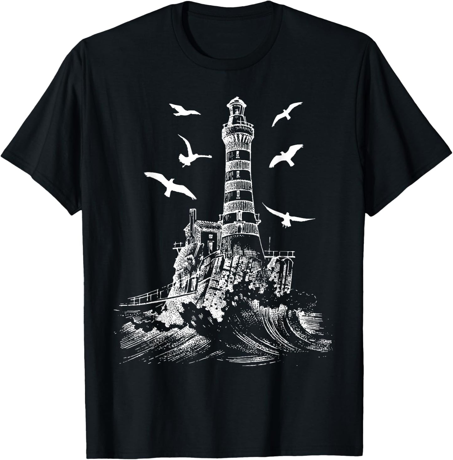 Seagull Silhouette Illustrated Lighthouse Image Gift T-Shirt - T-Shirt | Black