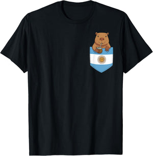 Argentine Capybara Yerba Mate Funny Pocket Argentina Flag T-Shirt - T-Shirt | Black