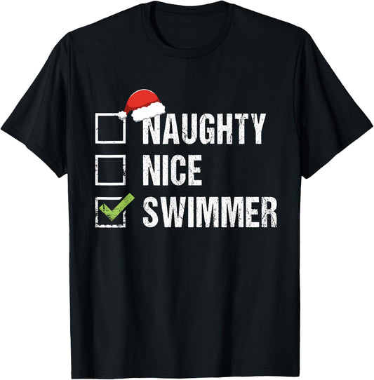 Naughty Nice Swimmer Shirt Swim Santa Hat Christmas Gift T-Shirt - T-Shirt | Black