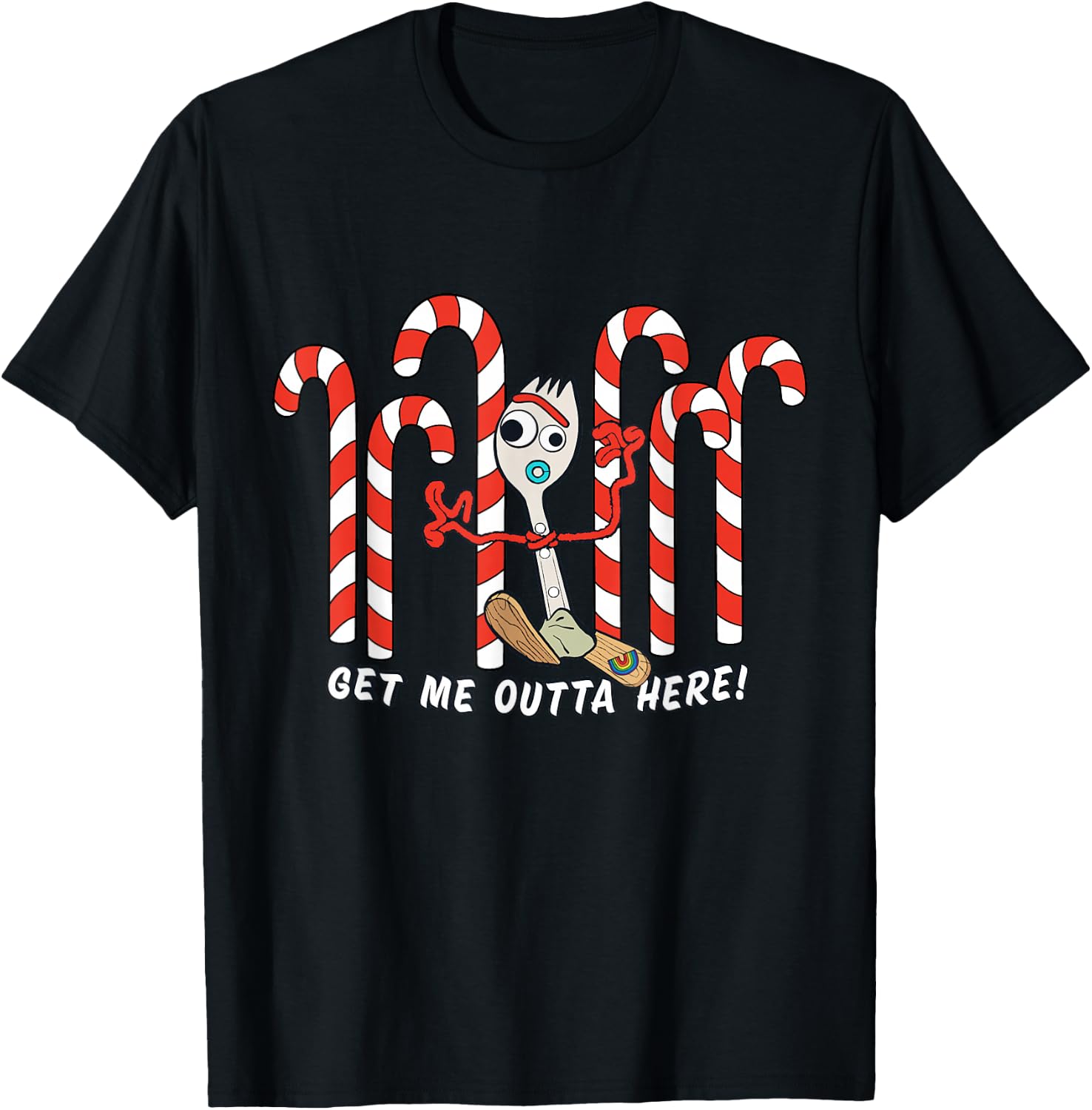 Toy Story 4 Forky Get Me Outta Here Candy Canes Holiday T-Shirt - T-Shirt | Black